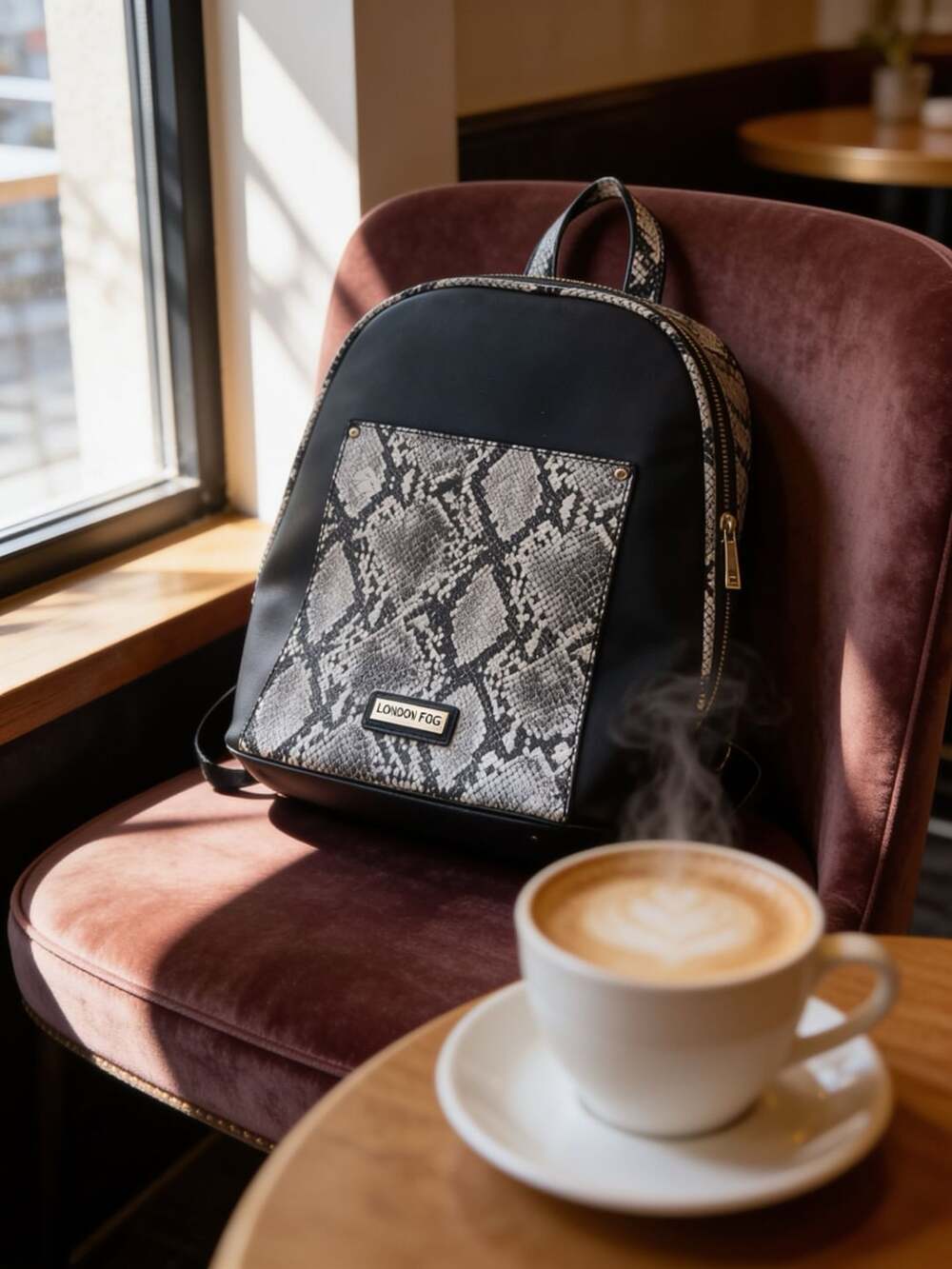 London Fog Black And White Snake Print Faux Leather Backpack